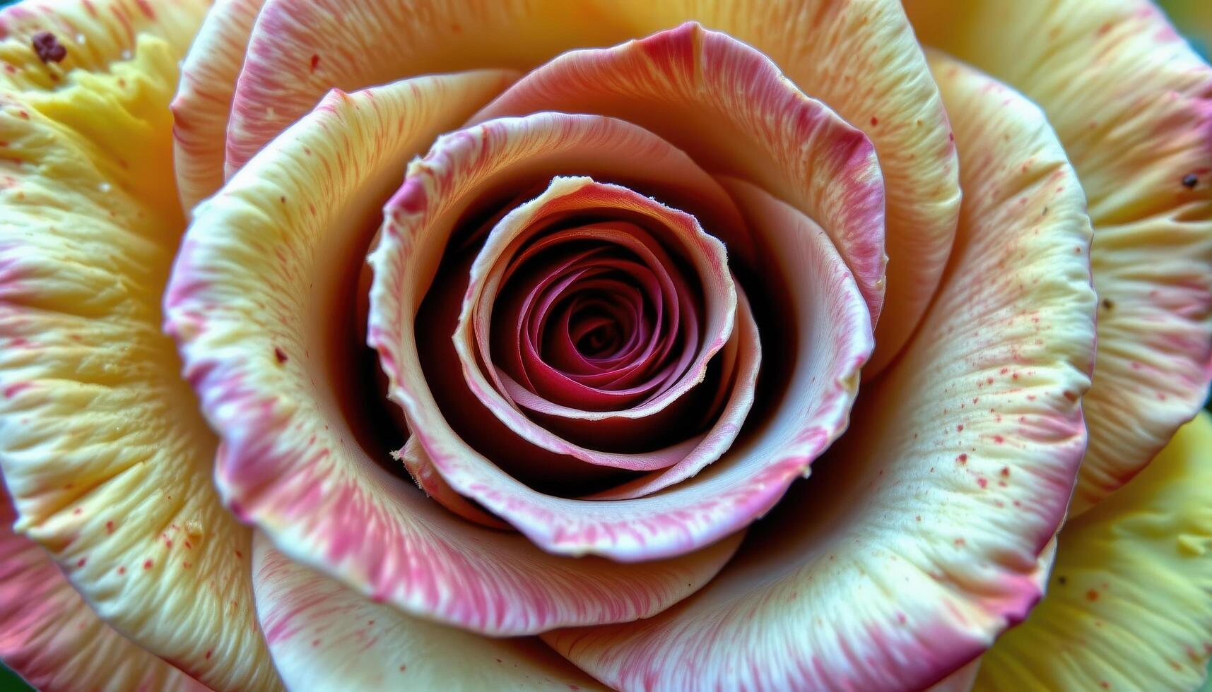 close up view of a red rose's tightly curled petals forming a perfect spiral at its center. photo