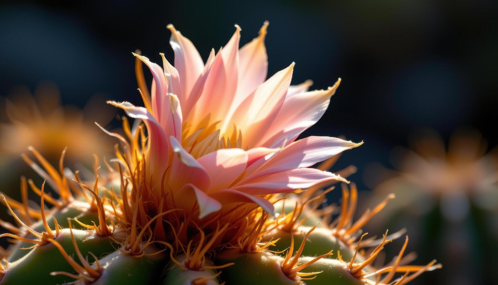 close up view of a cactus flower bursting open in contrast to its spiny base, glowing under intense light. photo