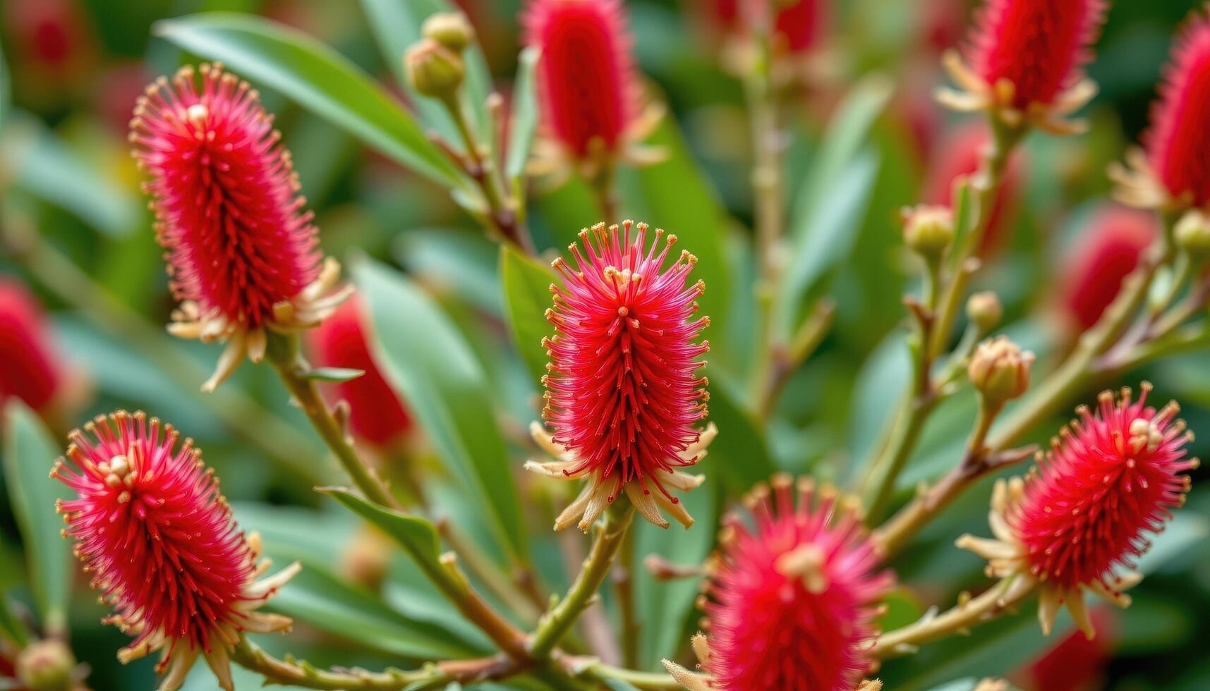 close up view of bottlebrush flowers with red, fuzzy filaments forming cylindrical blooms in tropical heat. photo