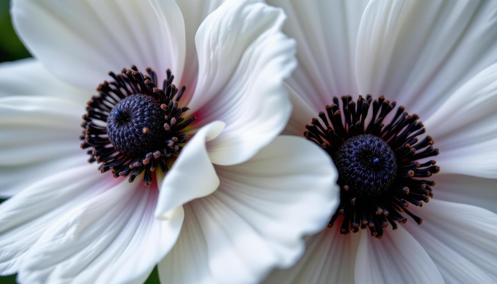 close up view of white anemone blossoms with dark, dramatic centers and light fluttering petals. photo