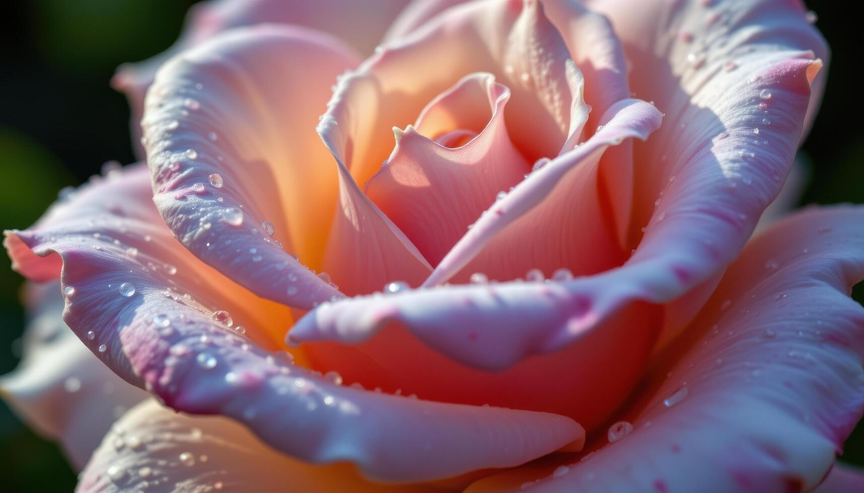 close up view of dew covered rose petals shimmering in the soft morning light with delicate textures visible. photo