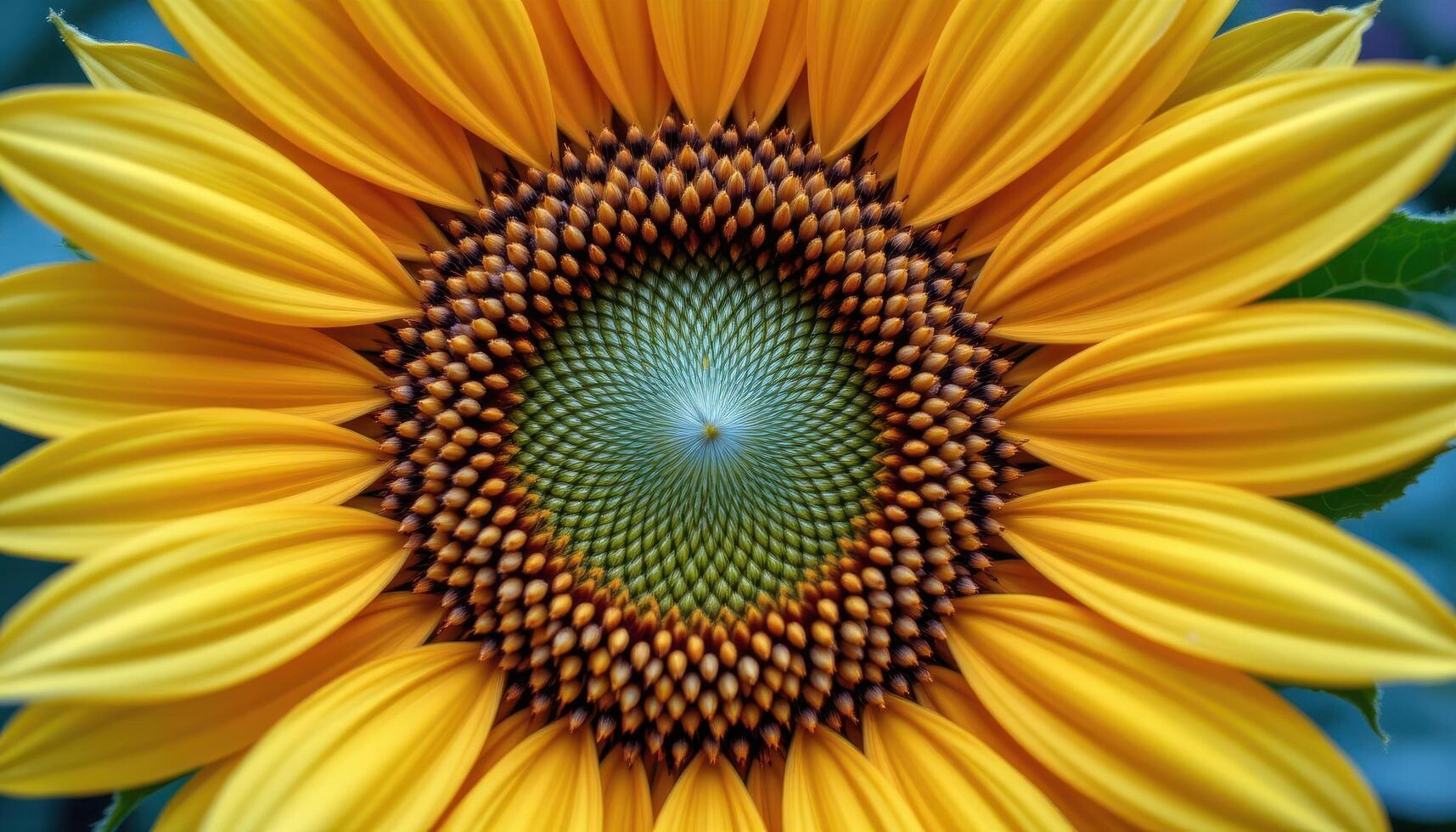 close up view of a radiant sunflower with tightly packed seeds in the center and golden yellow petals extending outward in perfect symmetry. photo