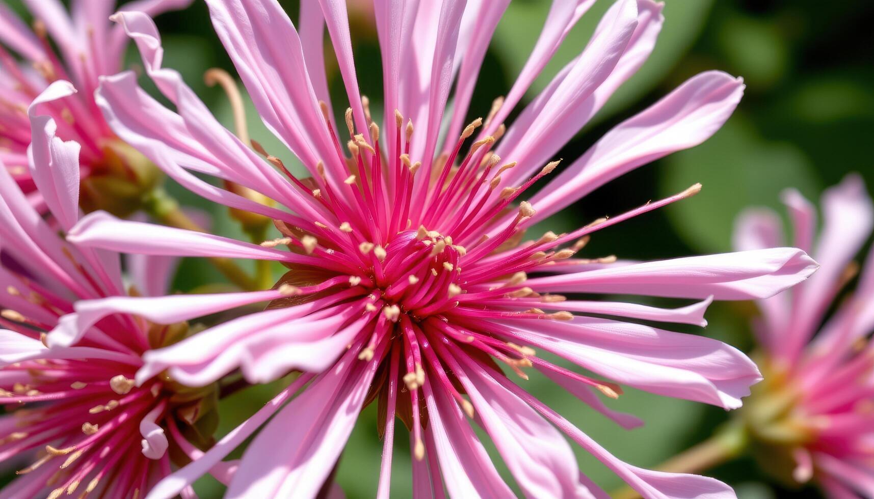 close up view of bee balm blossoms bursting outward in bright radial symmetry. photo
