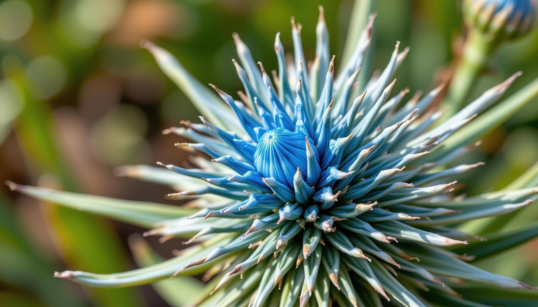 close up view of a globe thistle with sharp, geometric flowers in cool metallic blue tones and prickly texture. photo