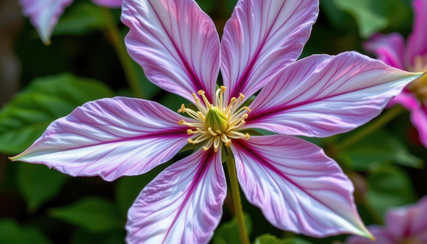 close up view of a clematis flower in full bloom with large, showy petals forming a star shaped pattern. photo