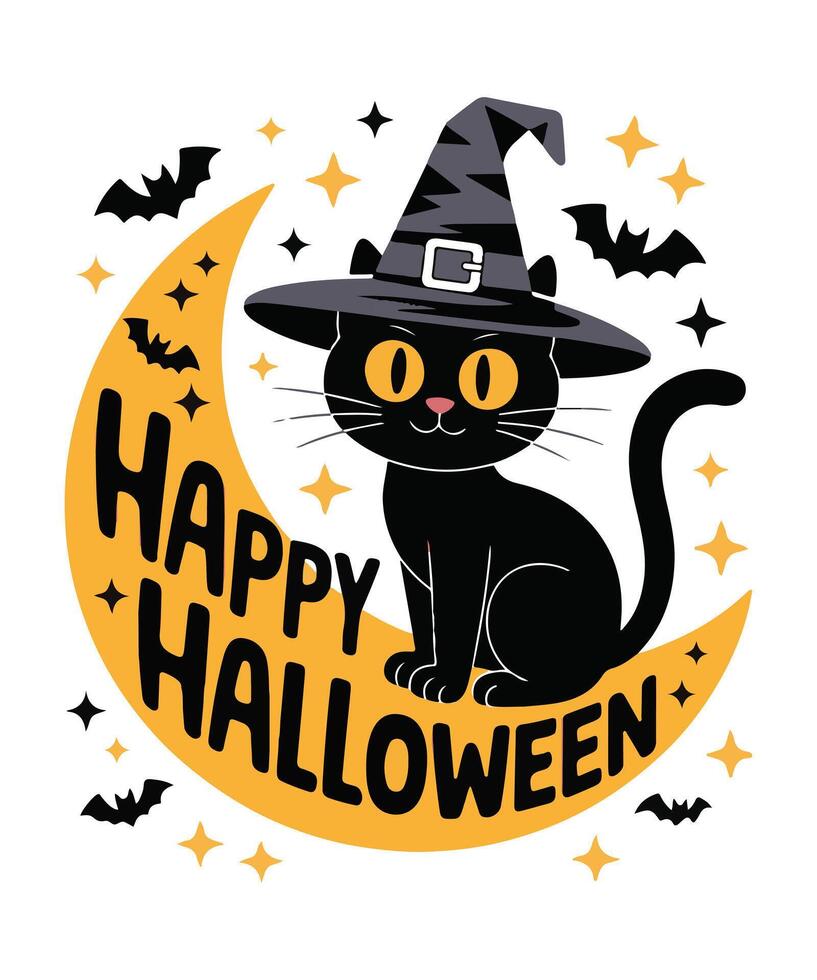 Happy Halloween with a Black Cat Wearing a Witch Hat on a Crescent Moon. Halloween vector