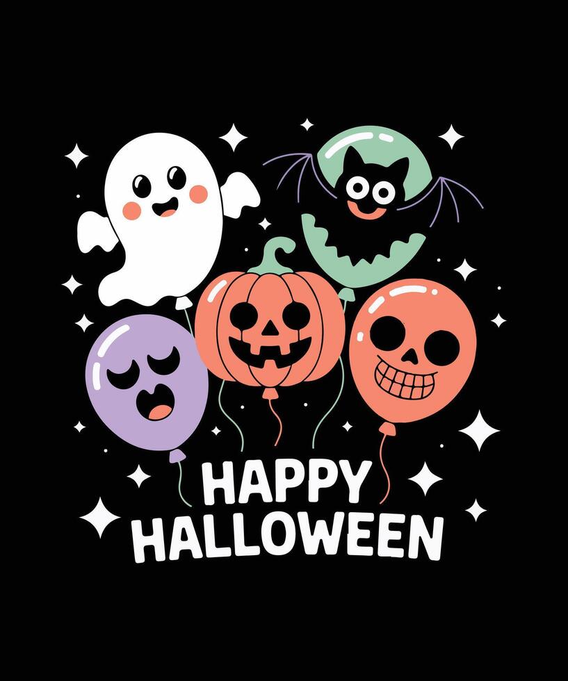 Vibrant Halloween Party Balloons Illustration. Collection of Colorful Cartoon Balloons Including Ghost, Bat, Monster, Pumpkin, and Skull, Perfect for Holiday vector