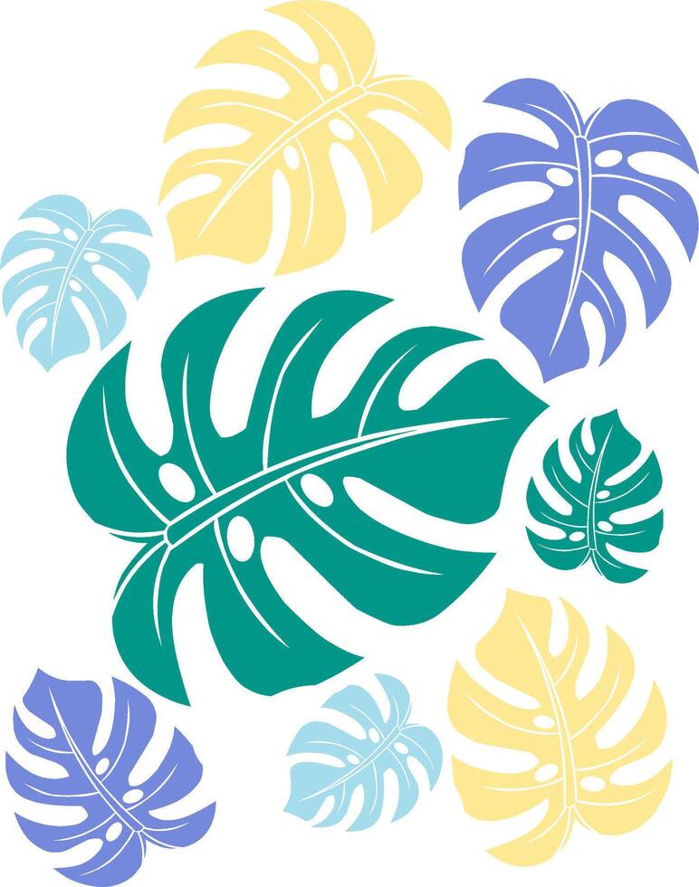 stylized Monstera leaves in various colors, including teal, light blue, yellow, and lavender, arranged against a white background. vector
