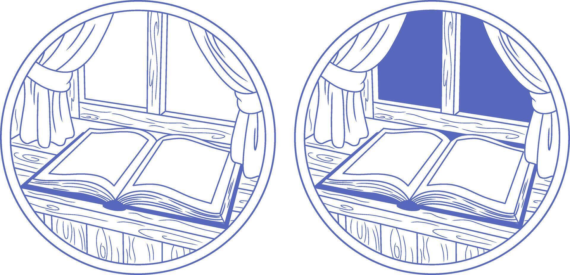A simple illustration of an open book by a window, representing the idea that books are windows to knowledge. vector