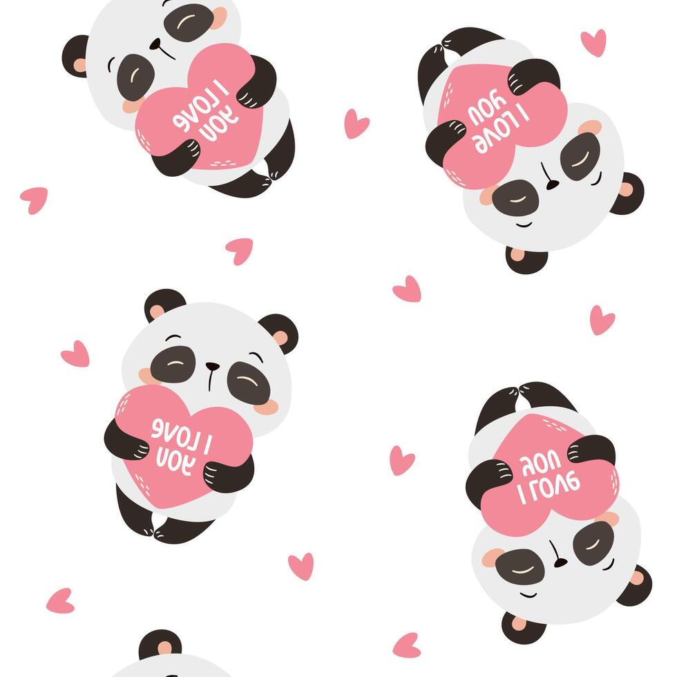 Pandas holding hearts in a pattern vector