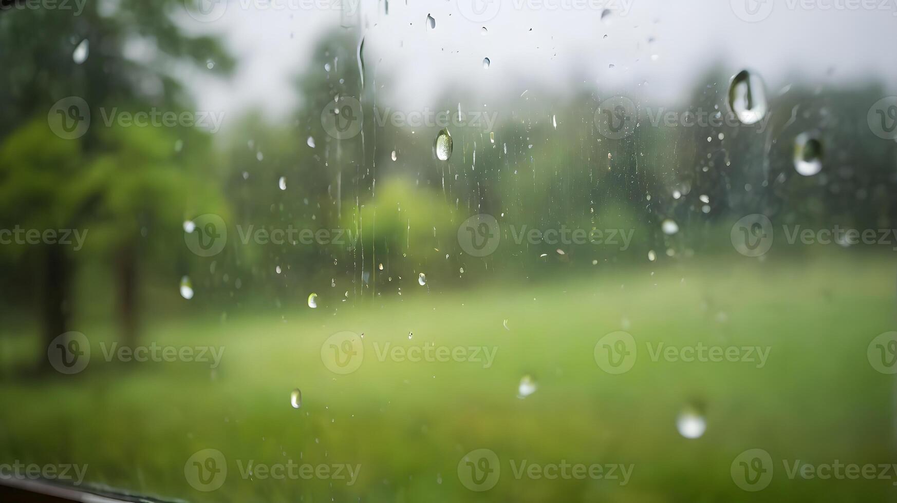 Rain-Streaked Window Reveals Blurred Green Landscape photo