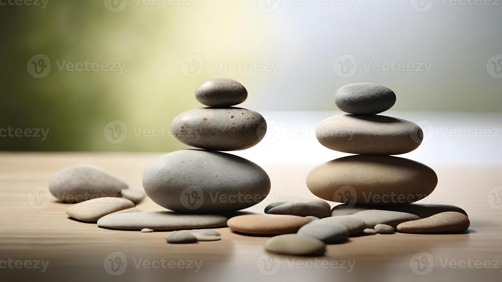Balanced Stones on Wooden Surface, Peaceful Composition photo