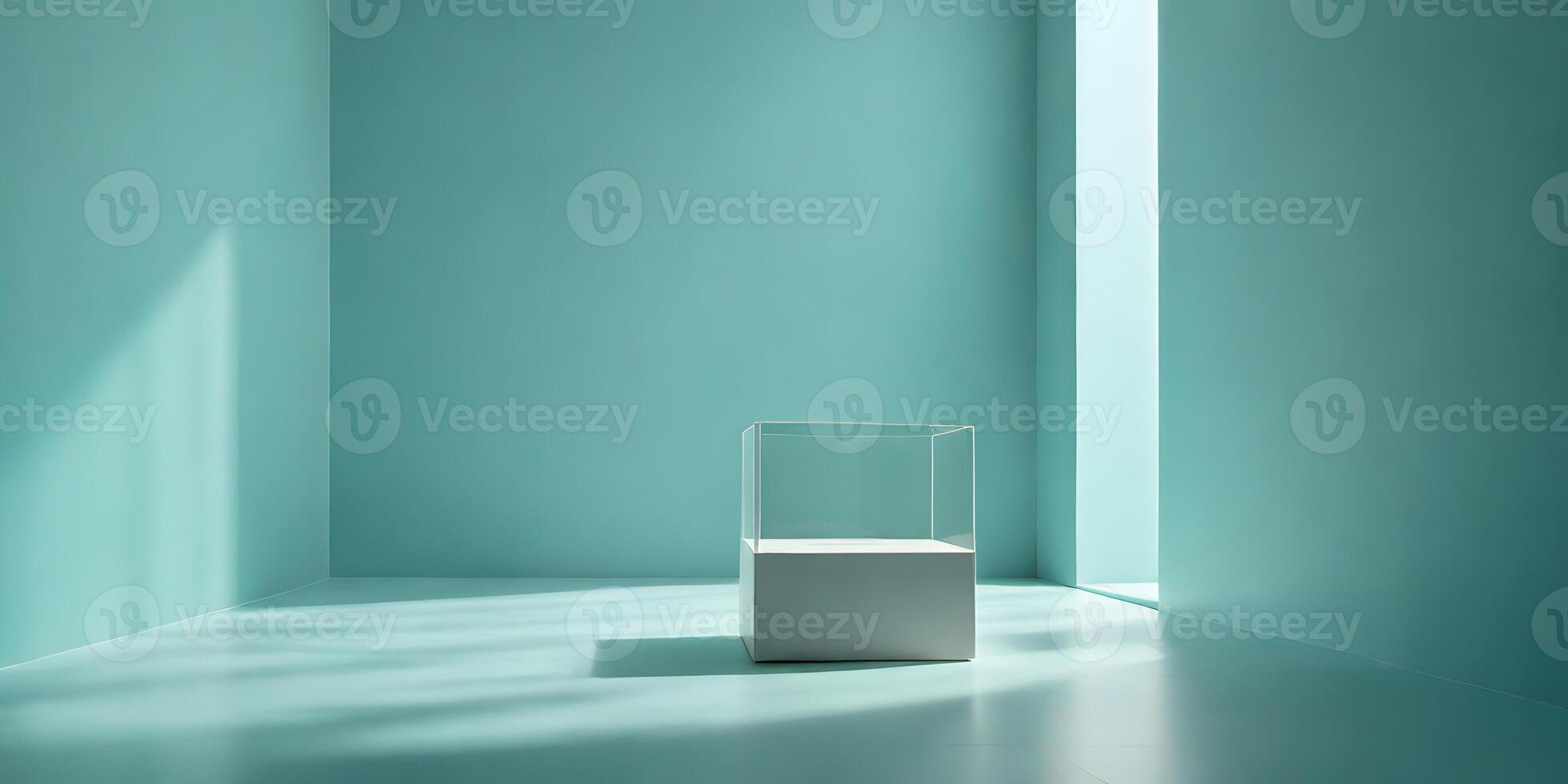 Empty Glass Display Case Against Teal Walls in a Modern Setting photo