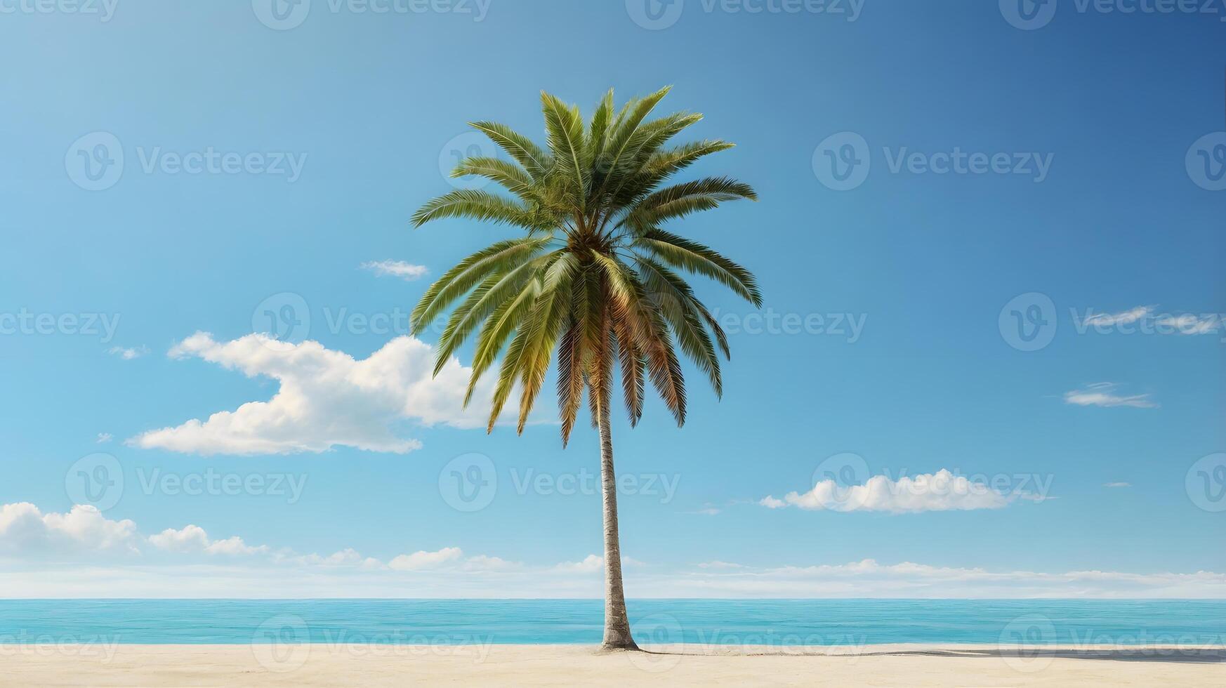Serene Palm Tree on Sandy Beach Under Blue Sky with Clouds photo