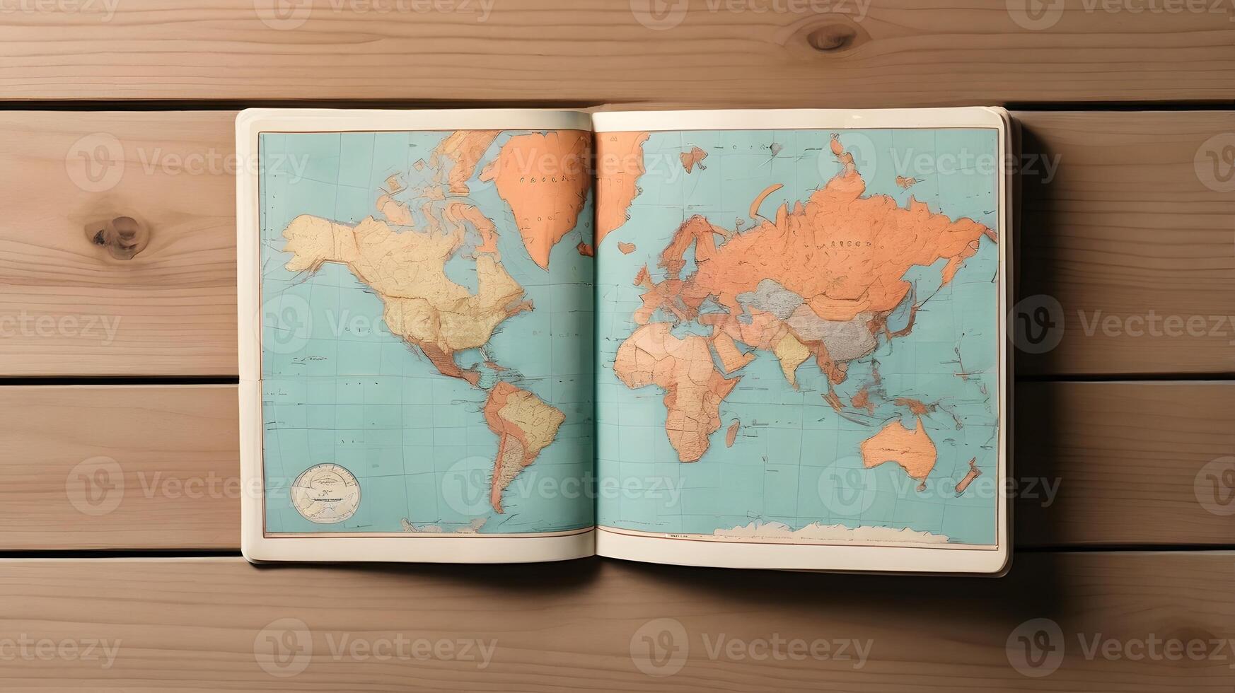 Vintage World Map Book Open on Wooden Table, Detailed Geographic Illustration photo