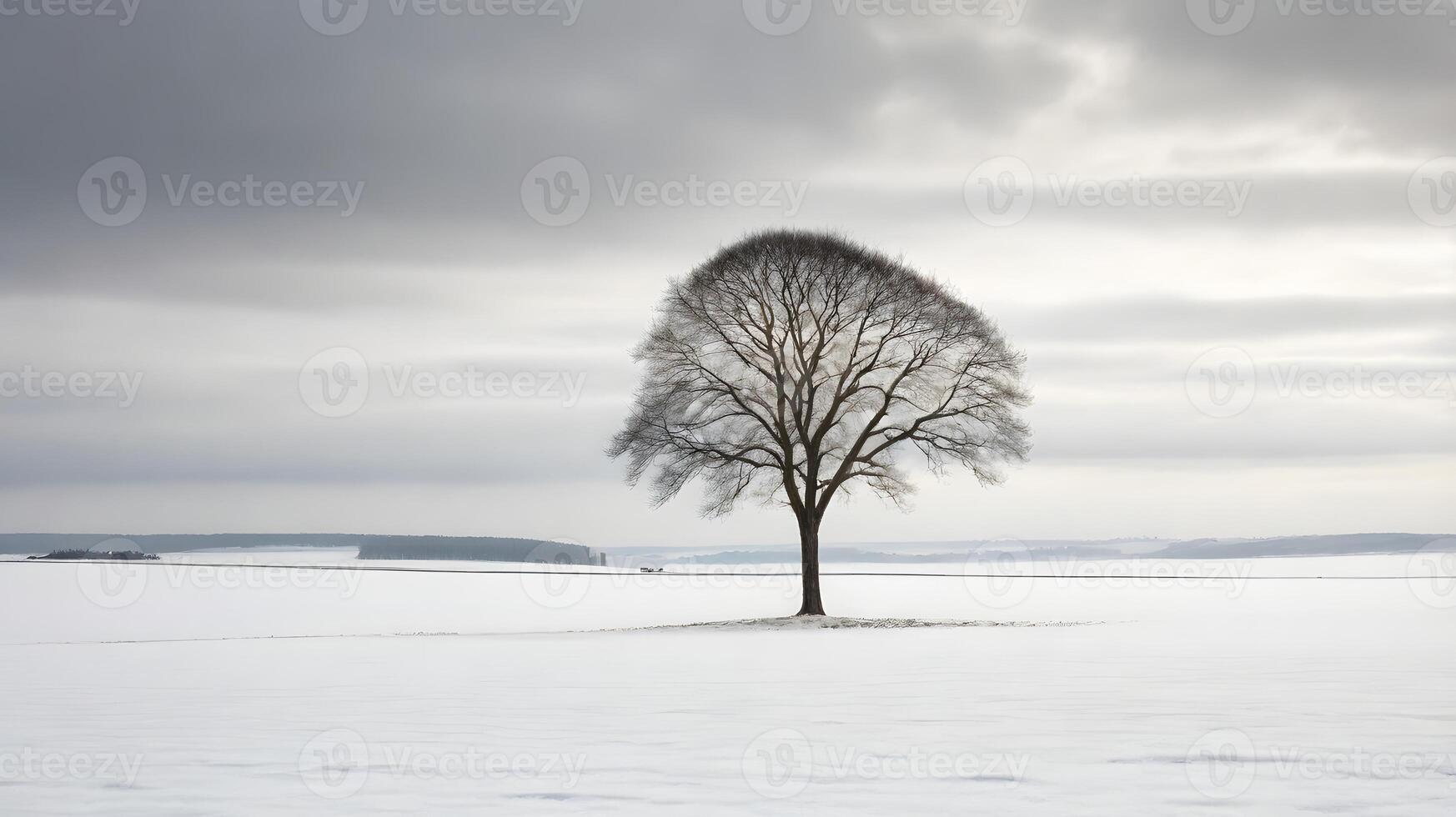 Solitary Tree in a Snowy Landscape Under a Cloudy Sky photo