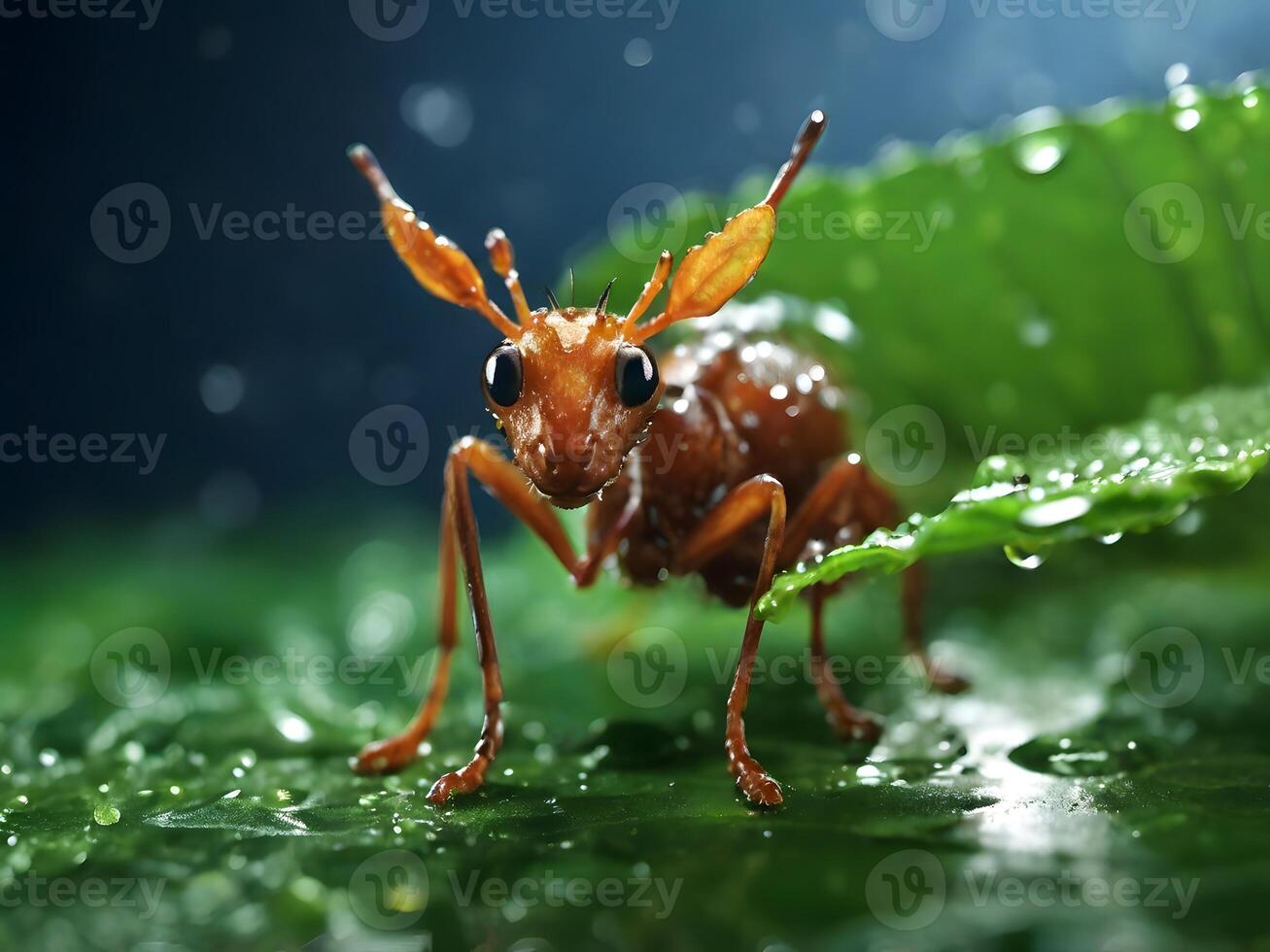 Dew-Kissed Ant with Unique Antennae on Green Leaf photo
