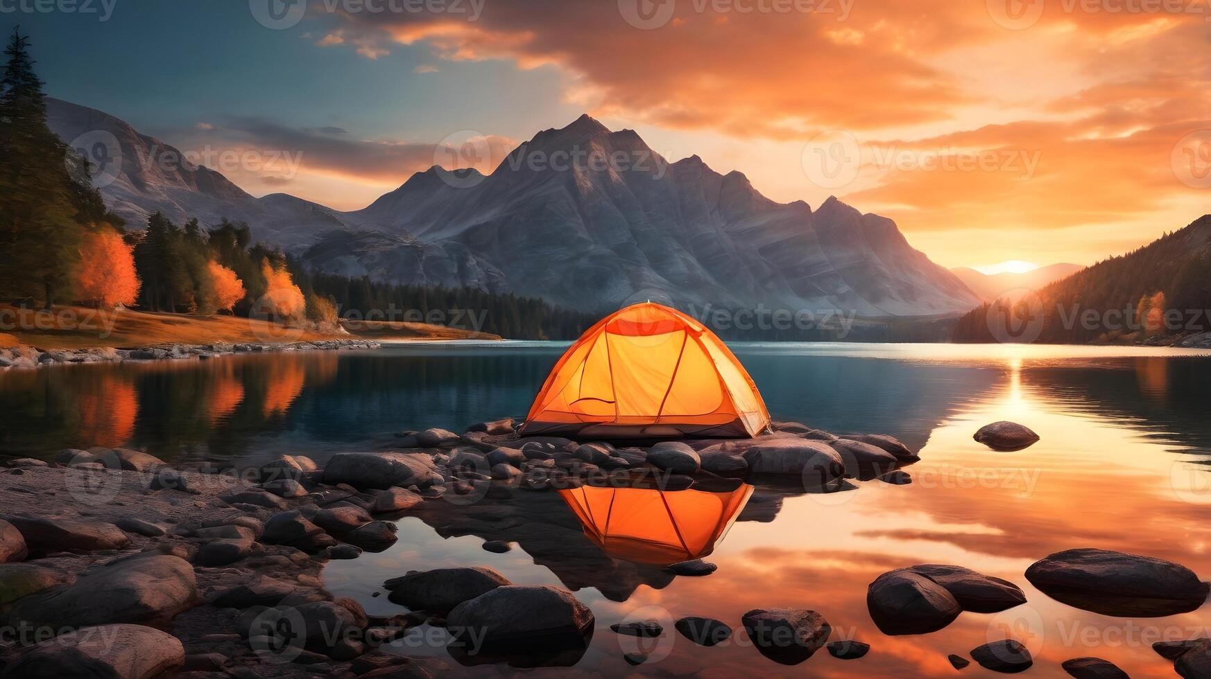 Serene Sunset Campsite, Orange Tent by Mountain Lake photo