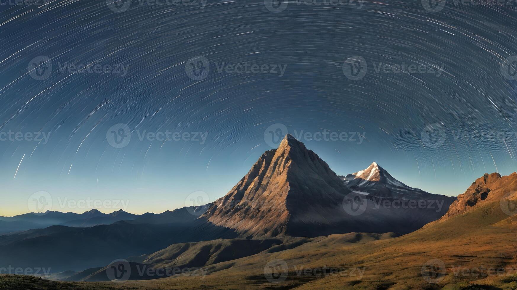 Majestic Mountain Peak Under Star Trails at Night photo