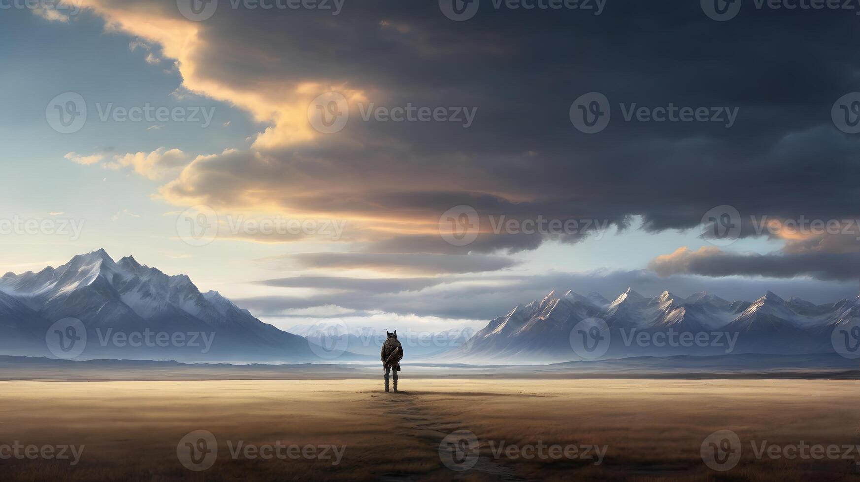 Solitary figure gazes at distant snow-capped mountains under dramatic cloudy sky photo
