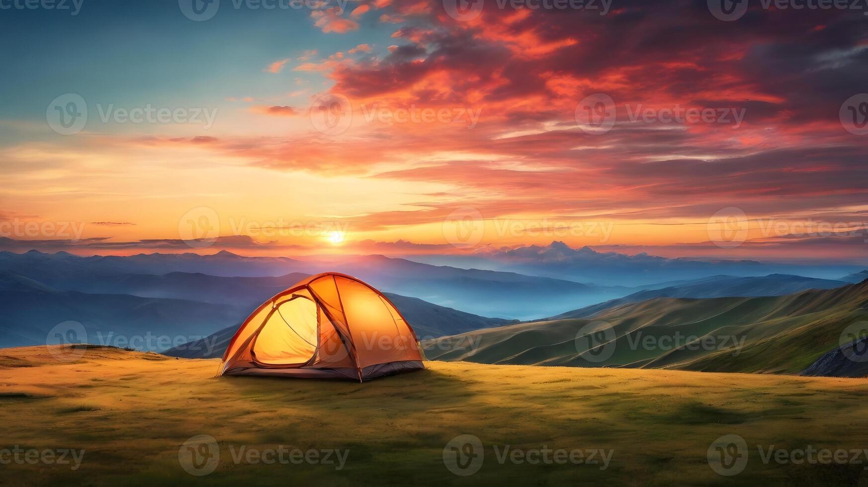 Illuminated Tent on Grassy Hilltop at Sunset with Mountain Views and Dramatic Sky photo