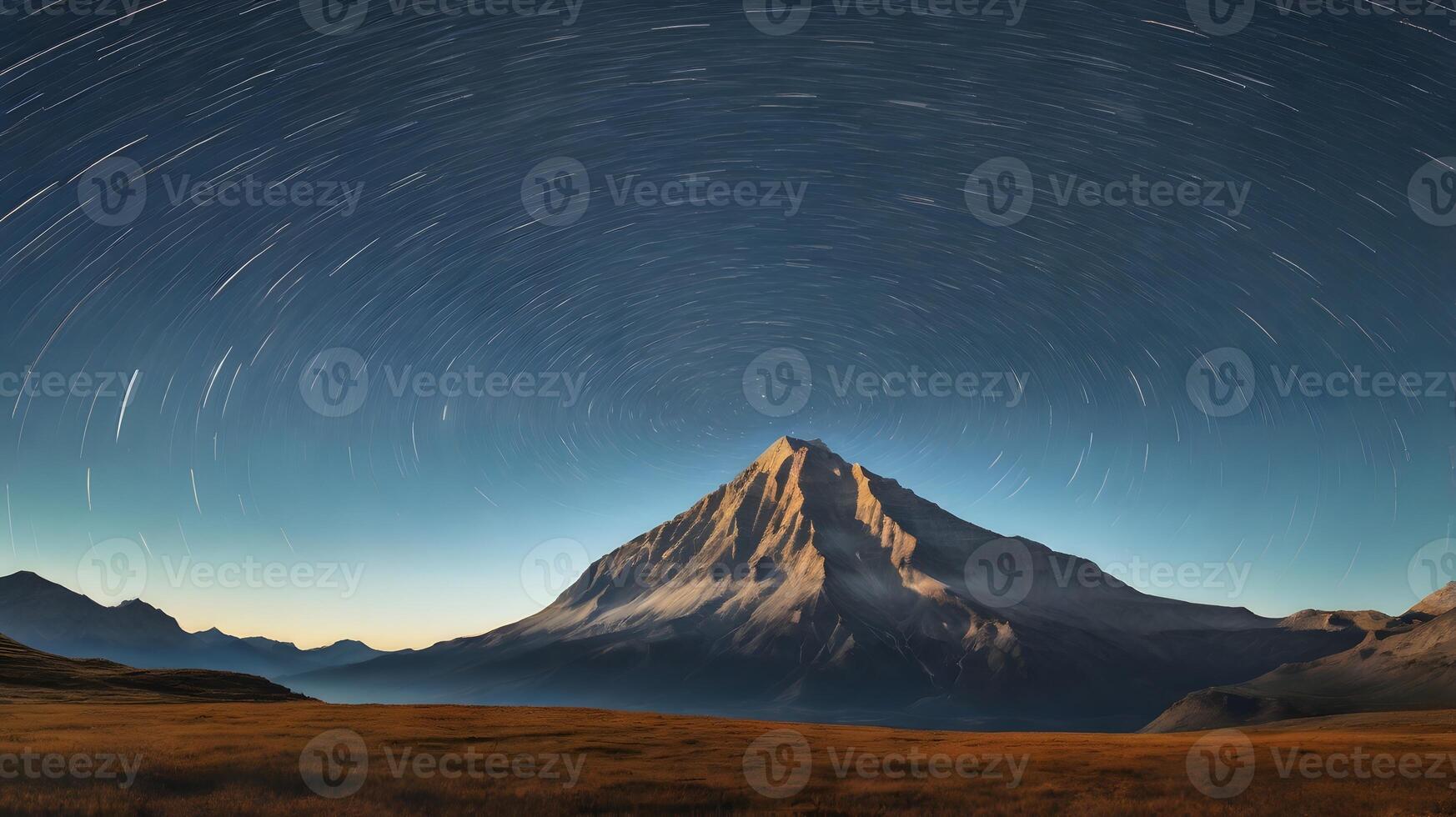 Majestic Mountain Peak Under Star Trails Night Sky photo