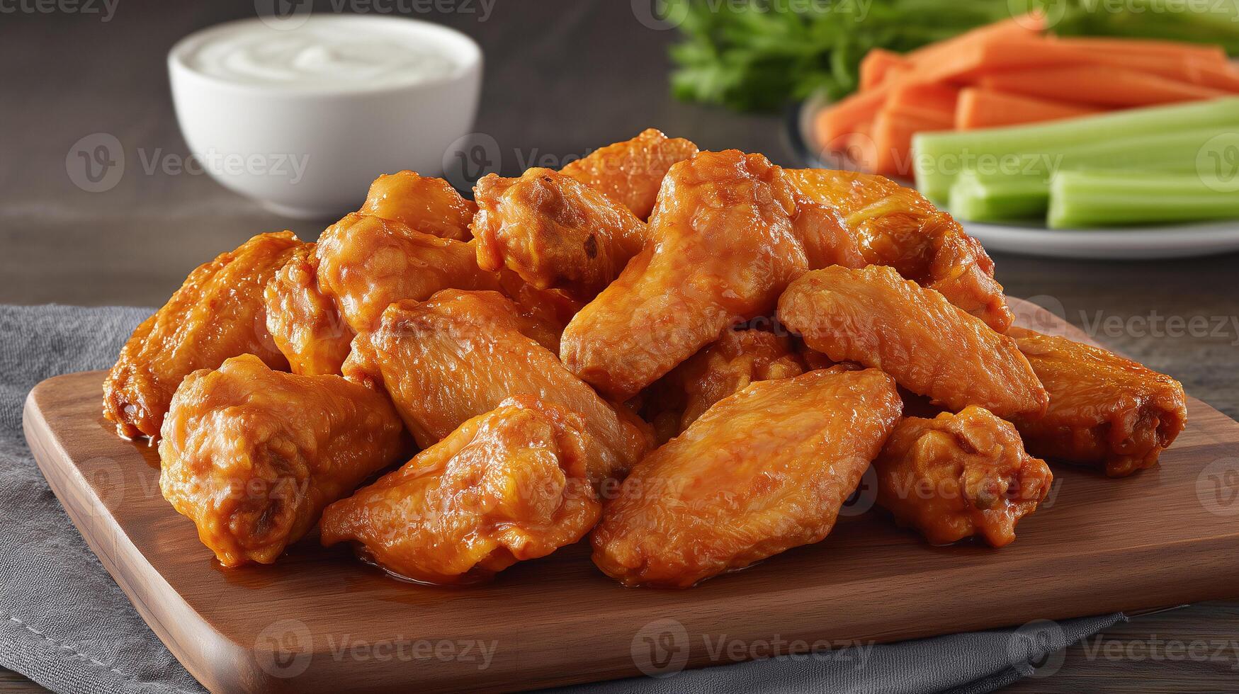 Buffalo chicken wings with spicy sauce on wooden cutting board served with ranch dip and fresh celery carrot sticks. American street food appetizer with vegetables. photo