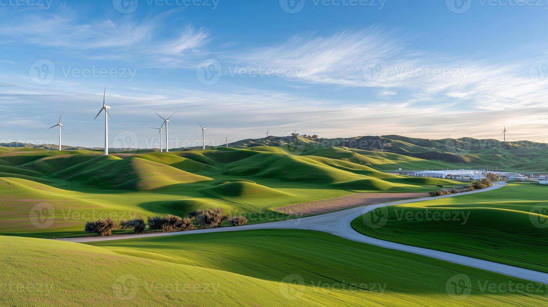 Wind turbines generating clean renewable energy in green agricultural landscape. Sustainable technology infrastructure with rolling hills and curved road in rural countryside. photo