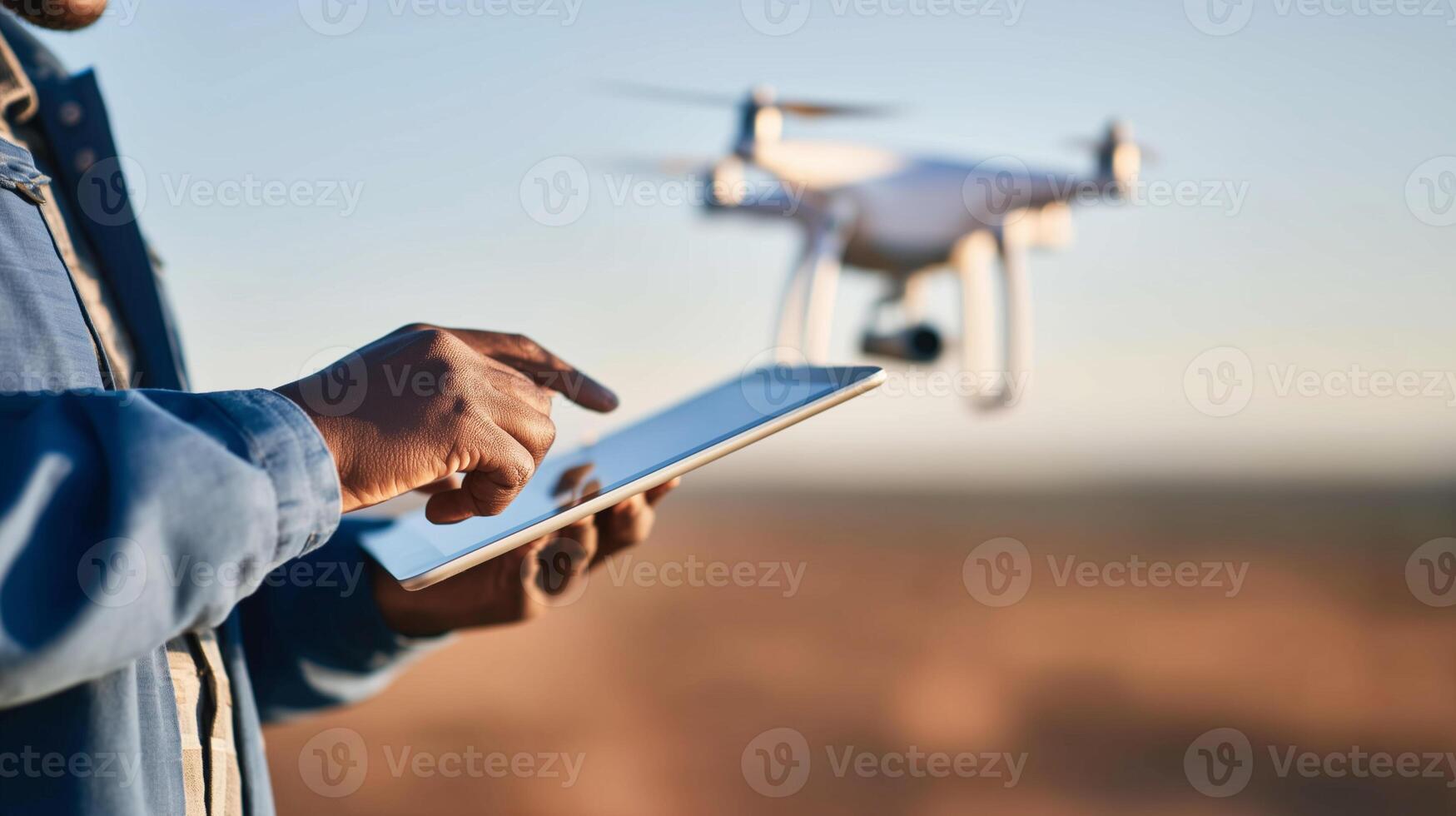 Drone pilot controls quadcopter using tablet device outdoors. Professional operator manages unmanned aircraft with digital remote control technology in natural daylight setting. photo