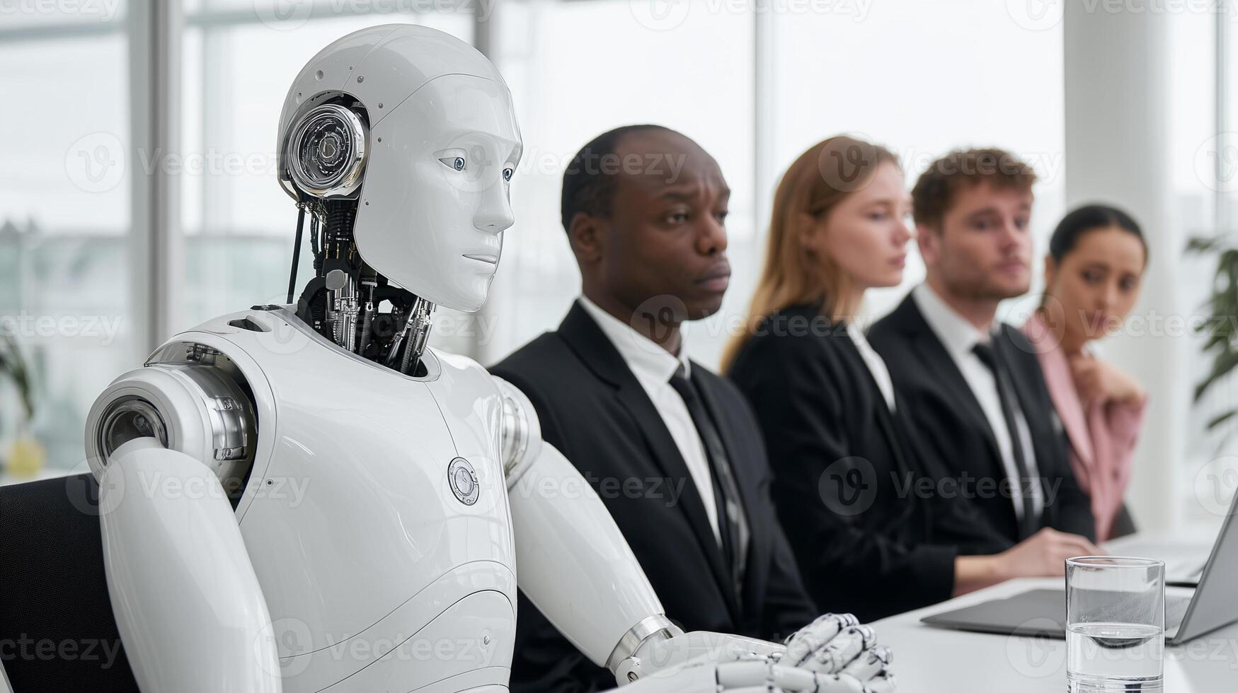Robot sitting with business people in office meeting. Artificial intelligence automation replacing human workers in corporate workplace future technology concept. photo