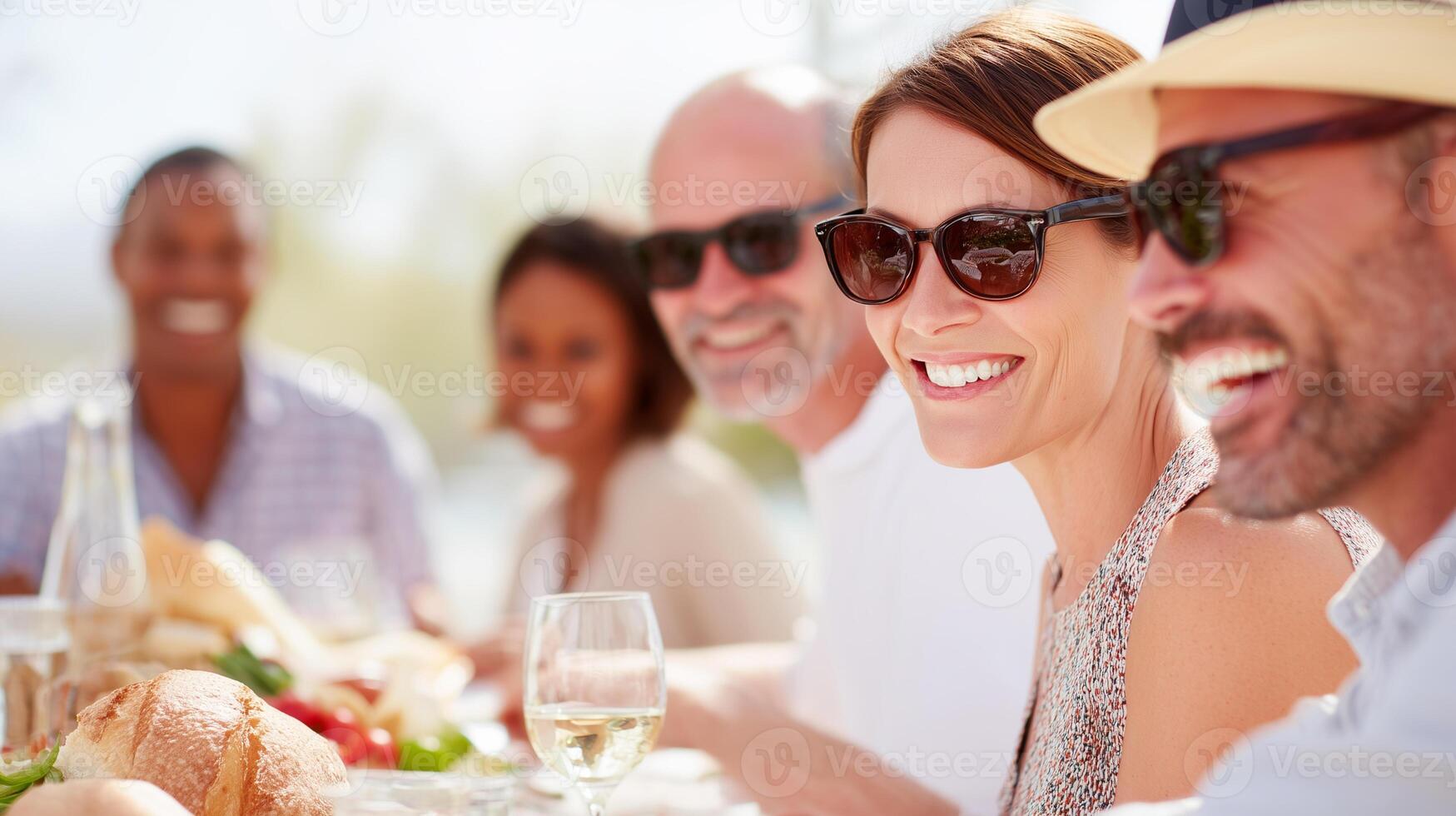 Summer friends dining outdoor restaurant terrace vacation lifestyle. Happy people socializing wine lunch celebration sunny day. Group adults smiling leisure gathering festive mood bright clothing. photo