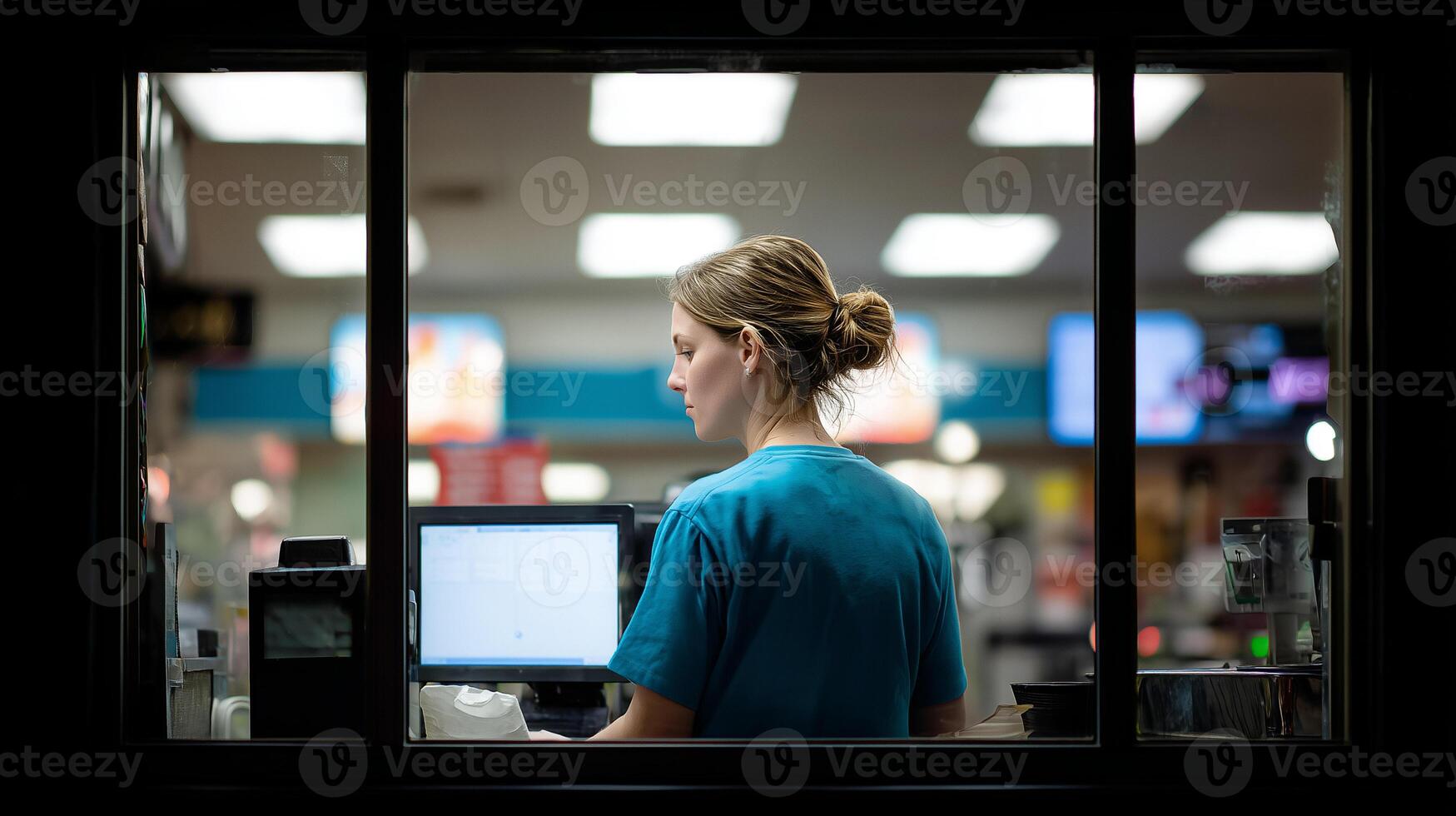 Night shift cashier working at retail checkout counter in supermarket. Female employee operating payment terminal and computer system during evening hours in grocery store. photo