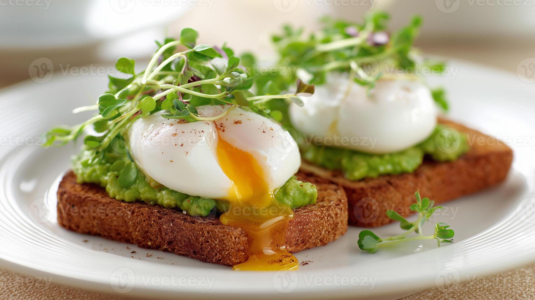 Poached eggs with avocado on toast photo