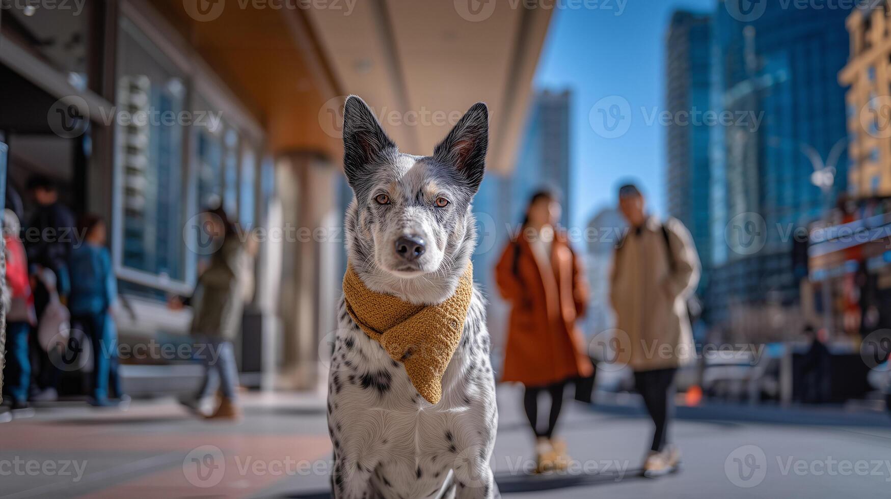 Dog wearing yellow anxiety bandana scarf in public space with people walking. Pet safety awareness accessory to signal nervous dog needs space from strangers. photo