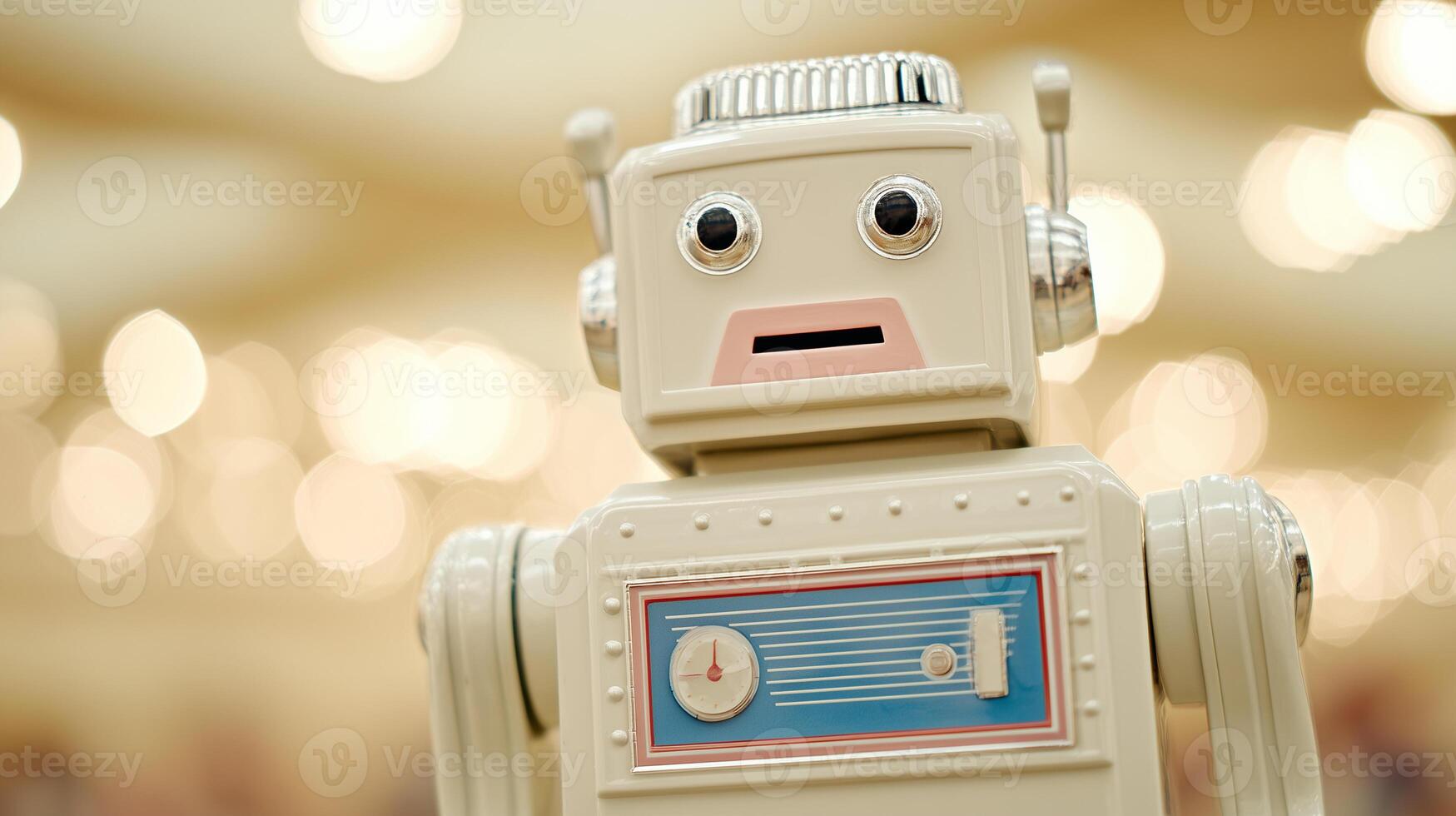 Vintage robot toy with human-like face and retro design against warm bokeh background. Classic tin robot with blue control panel, nostalgic childhood memory concept. photo