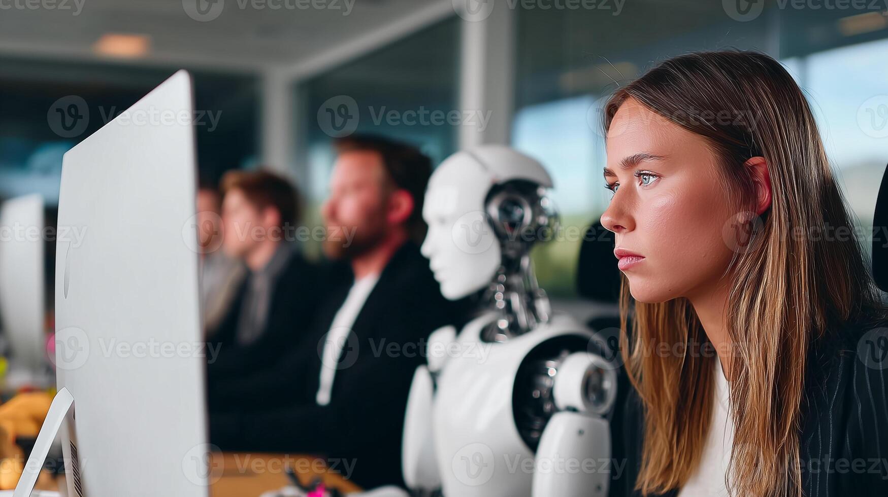 Woman working alongside humanoid robot in modern office environment. Artificial intelligence automation replacing human workers in corporate workplace and business operations. photo