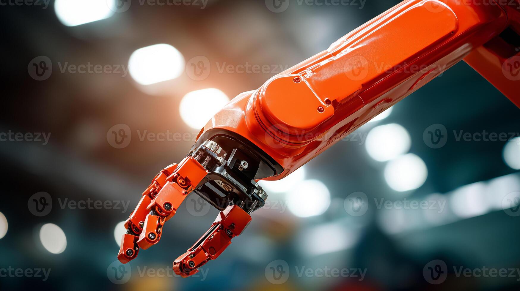Robot arm hand reaching forward in modern industrial facility with bright lights. Orange mechanical automation equipment demonstrating advanced robotics technology manufacturing precision. photo