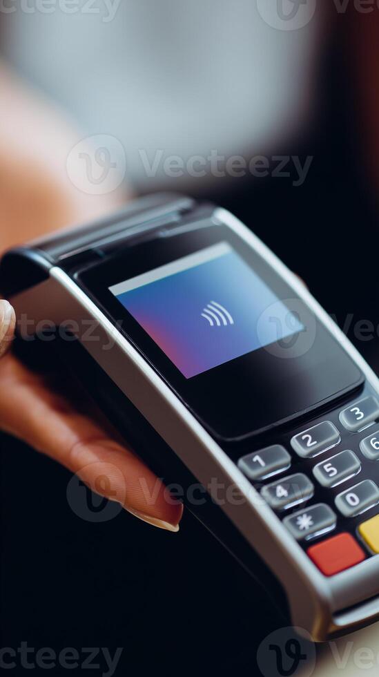 Contactless payment terminal with NFC wireless technology display. Modern POS device showing tap-to-pay interface with finger approaching screen. Digital banking commerce transaction equipment. photo