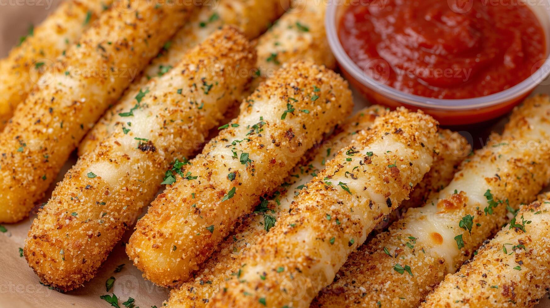 Golden mozzarella cheese sticks with crispy breadcrumb coating served with marinara sauce. Fast food appetizer garnished with fresh parsley herbs on wooden surface. photo