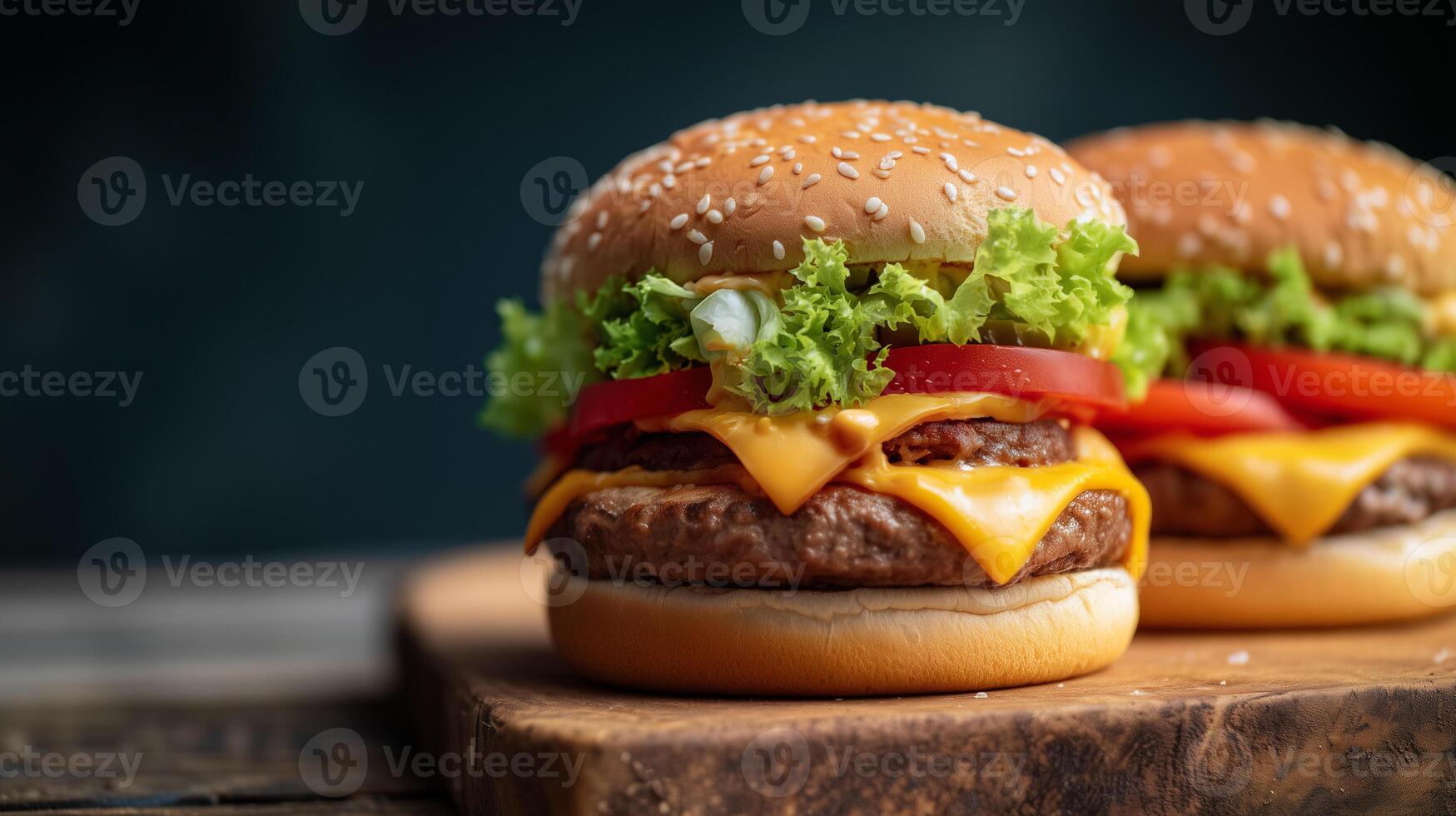Delicious cheeseburger with beef patty, cheese, lettuce, tomato on sesame bun served on wooden board. Fast food restaurant meal with appetizing layers and fresh ingredients. photo