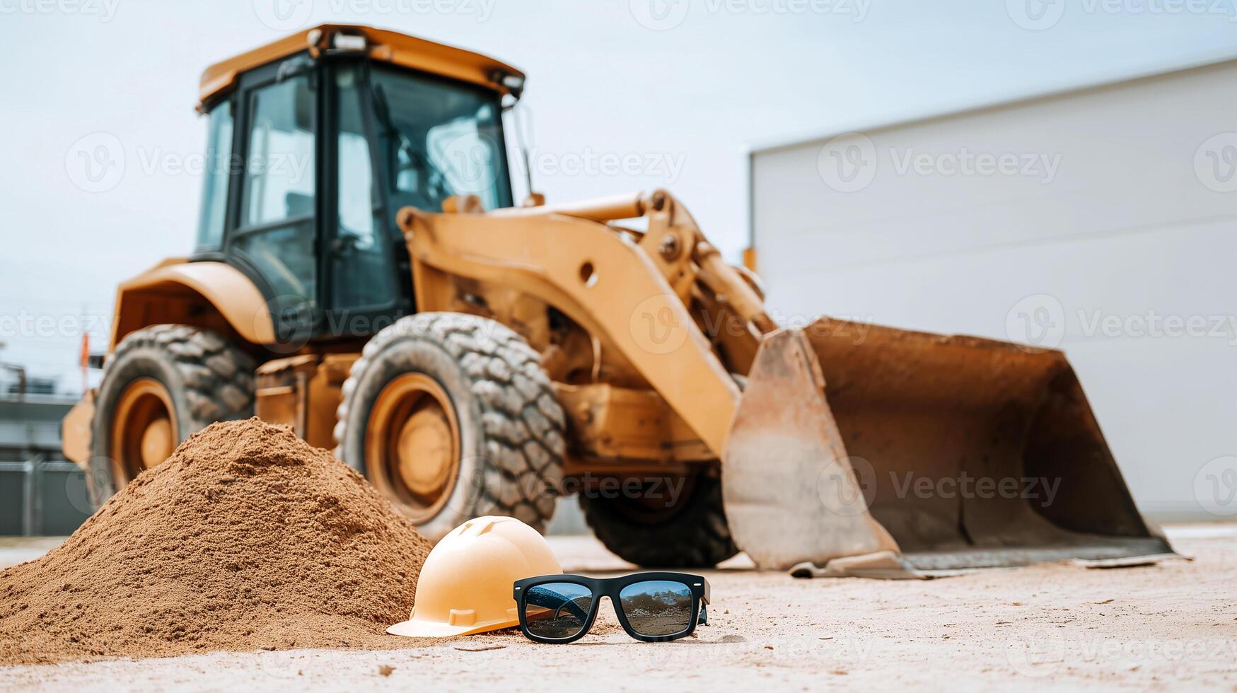 Construction site with bulldozer loader machinery, safety helmet and sunglasses on ground near dirt pile. Industrial equipment workplace safety concept at building project location. photo