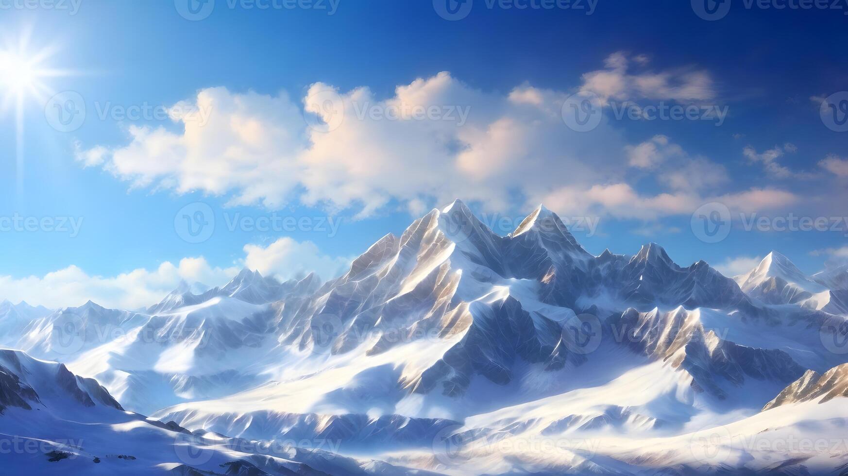 Majestic Snowy Mountain Range Under a Bright Blue Sky with Clouds photo