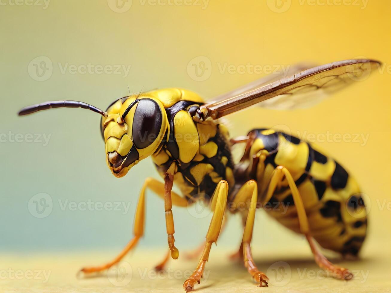 Detailed macro shot of a yellowjacket wasp with striking black markings photo