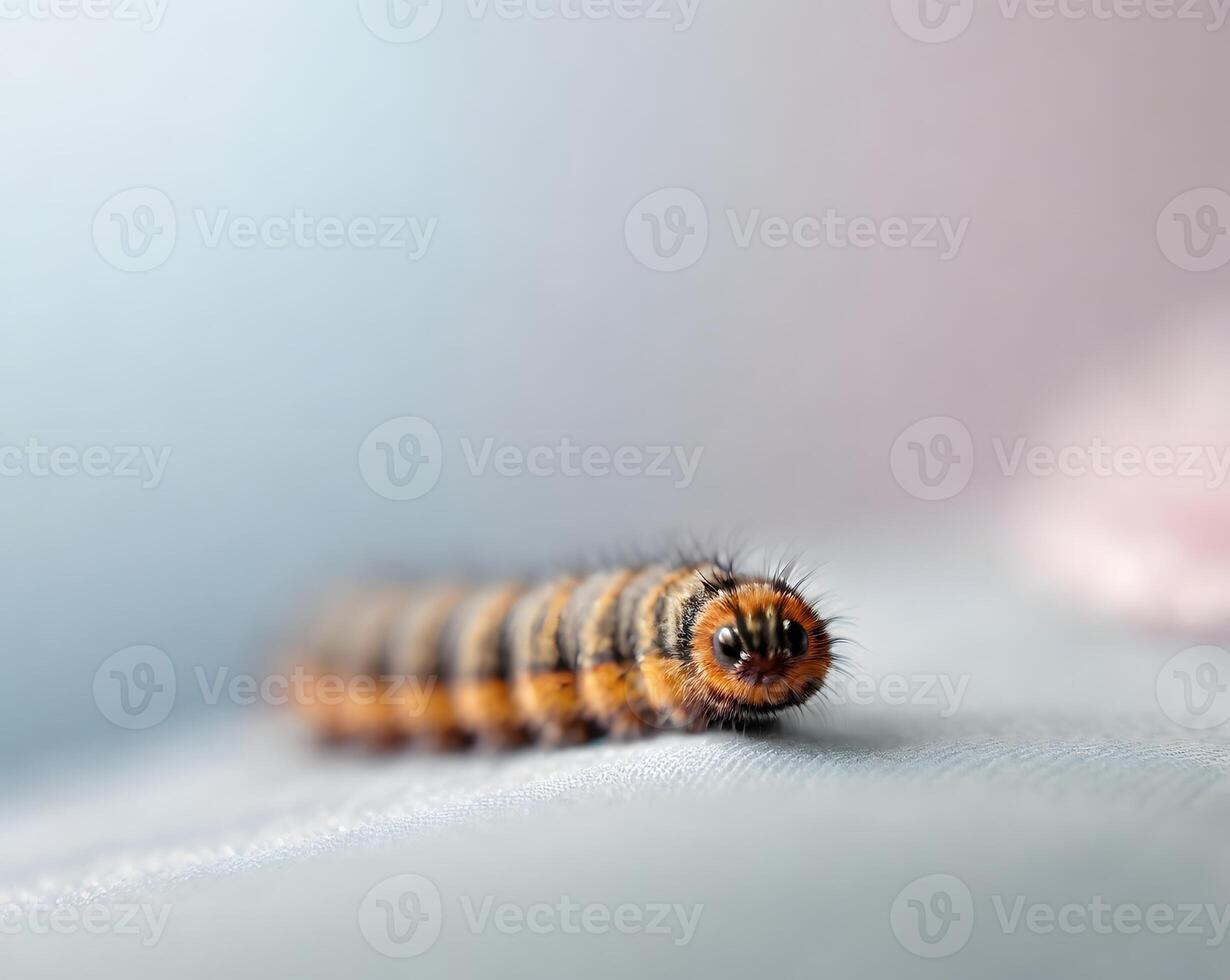 Close-up of a Crawling Caterpillar on Light Gray Fabric photo