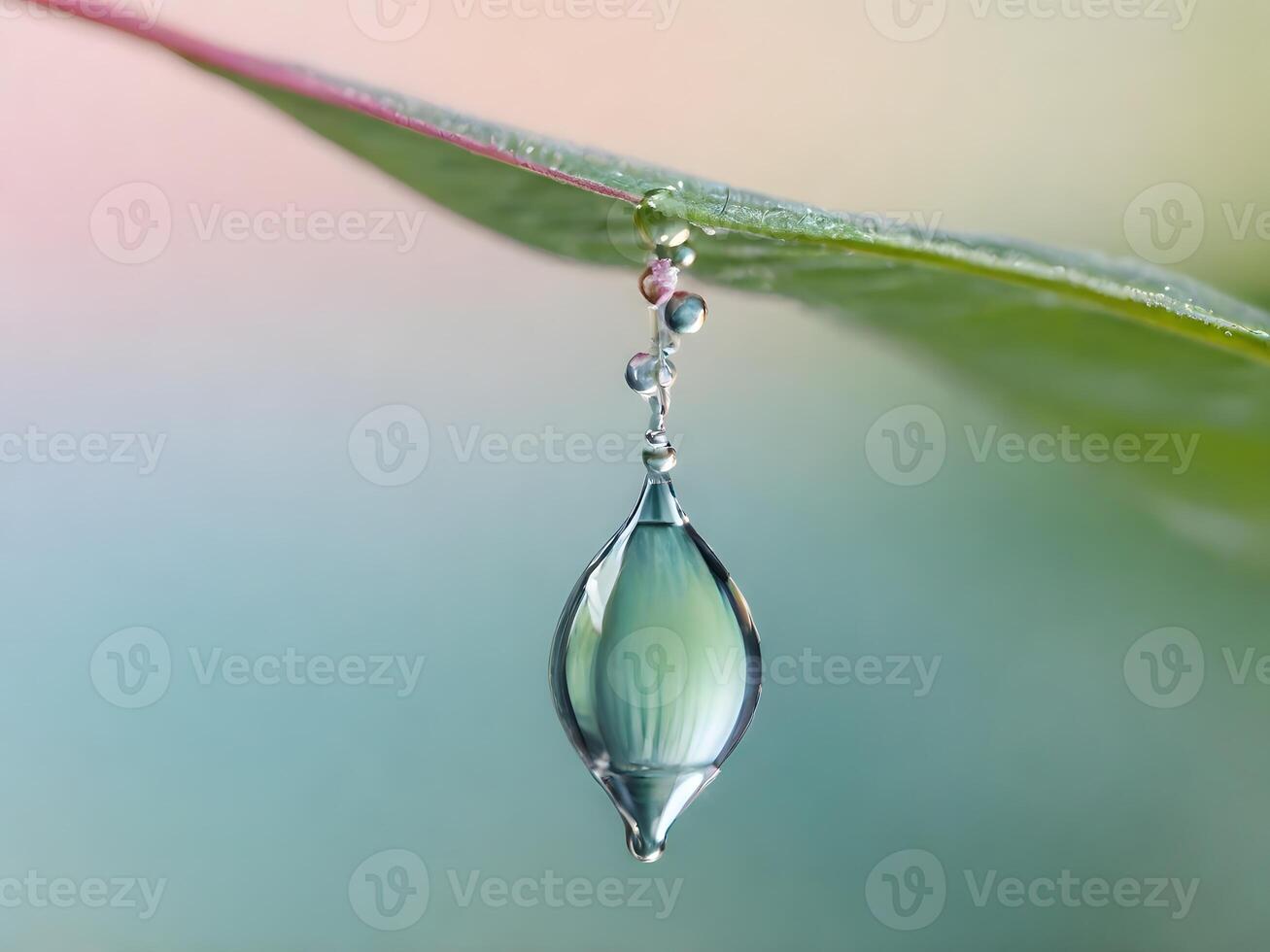 Macro Photograph of a Unique Water Droplet Hanging from a Leaf's Edge photo