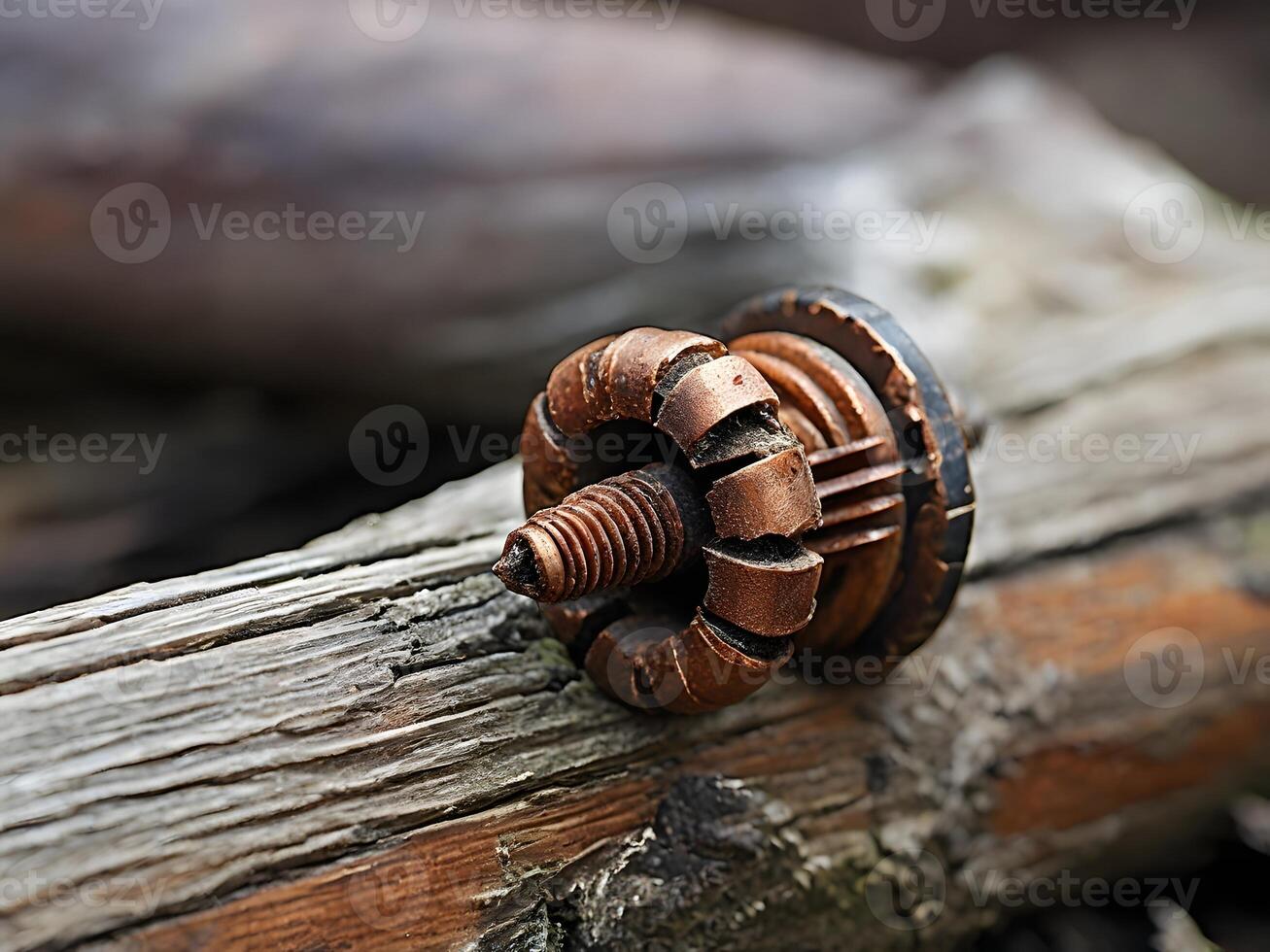 Close-up of a Rusty Copper Mechanical Part on Weathered Wood photo