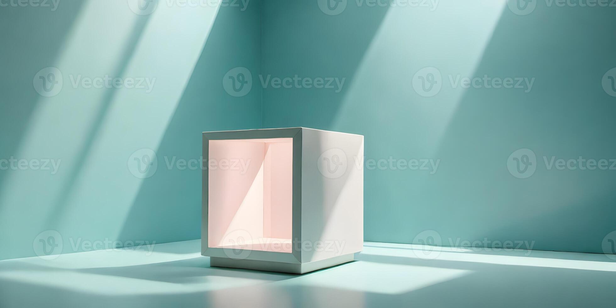 Minimalist White Cube Display in Sunlit Teal Room photo