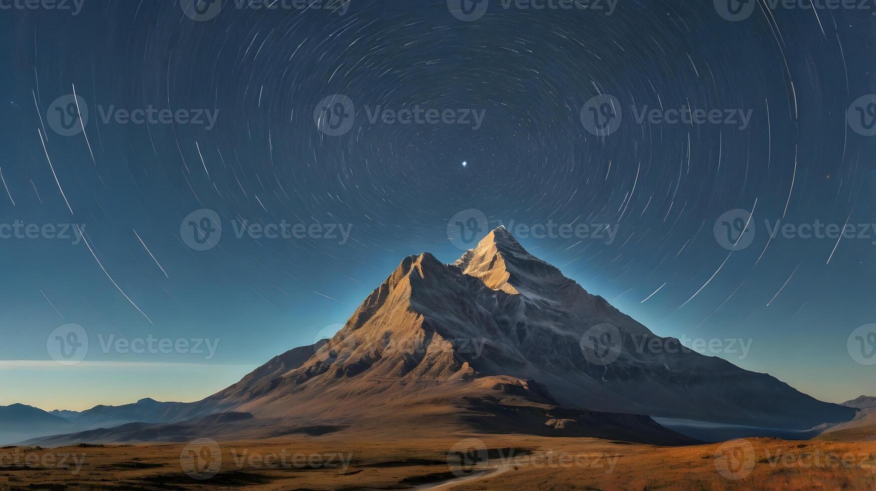 Star Trails Above Jagged Mountain Peaks at Night, Golden Hour Light photo