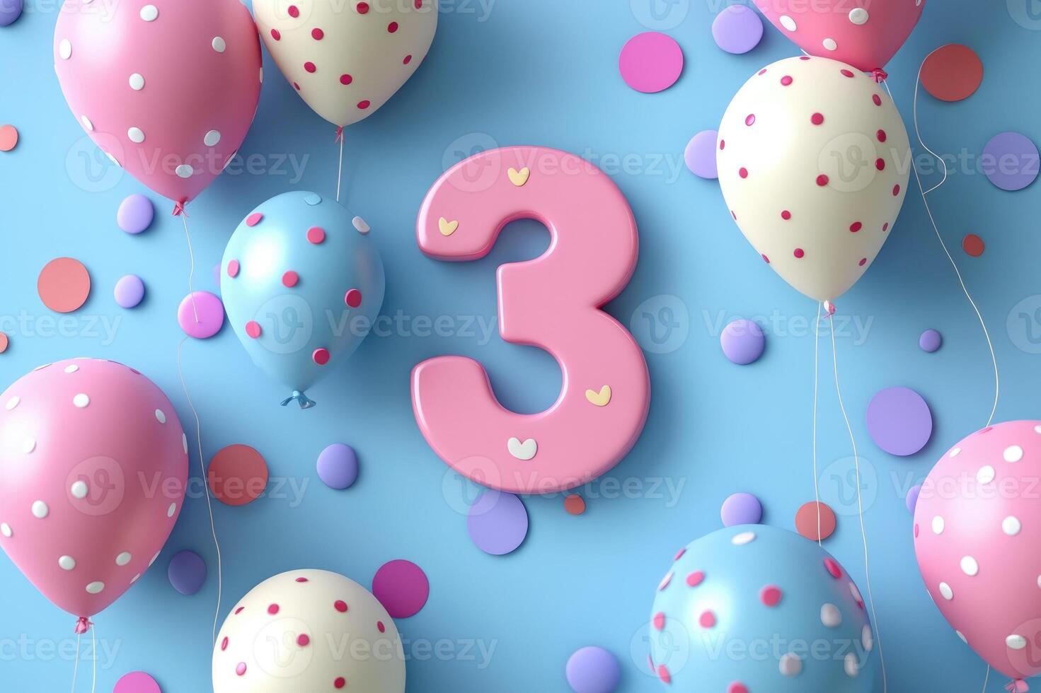 Number three celebrating third birthday with colorful balloons and confetti photo