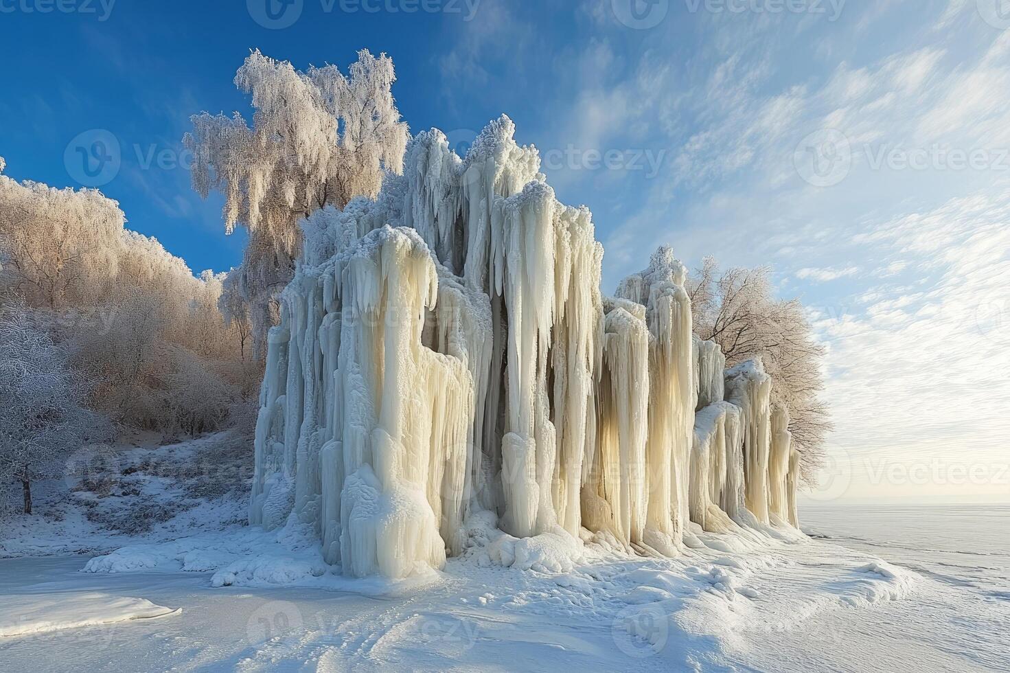 Frozen wonderland icicles forming on trees by a frozen lake in winter photo